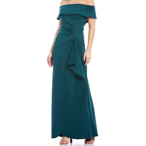 XscapeOff-the-Shoulder Short Sleeve Ruched Side Ruffle Shirred Scuba Crepe Gown
